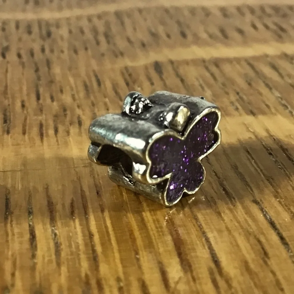 Purple Butterfly Silver Tone Glitter Charm Bead Spacer - Picture 3 of 3